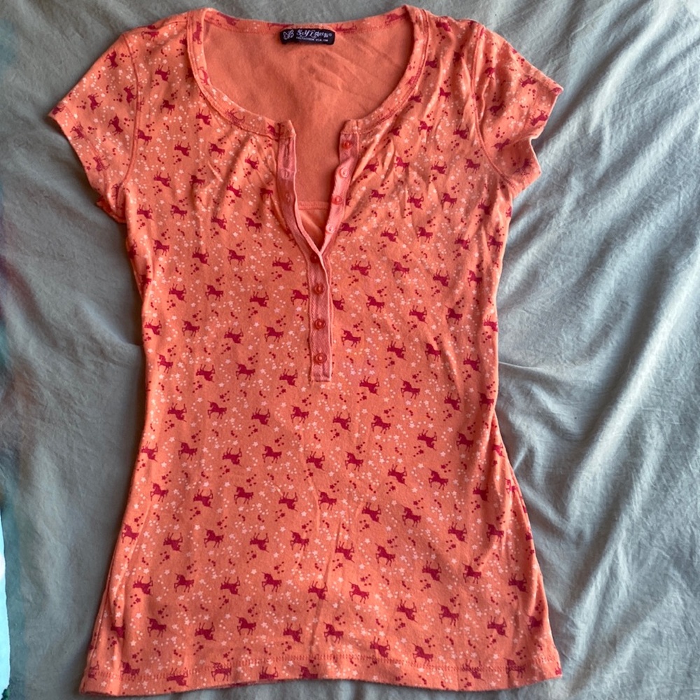Vintage Y2K Self Esteem Orange Unicorn Button Up Short Sleeve T-Shirt!!